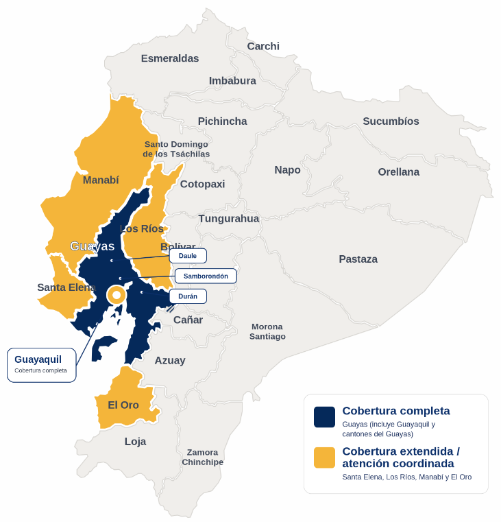 Mapa de cobertura comercial de Pluproxsa en Guayaquil, Guayas y provincias aledañas