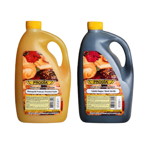 Esencias Prodia de 3.8 litros sabor mantequilla premium y vainilla negra para panadería y pastelería